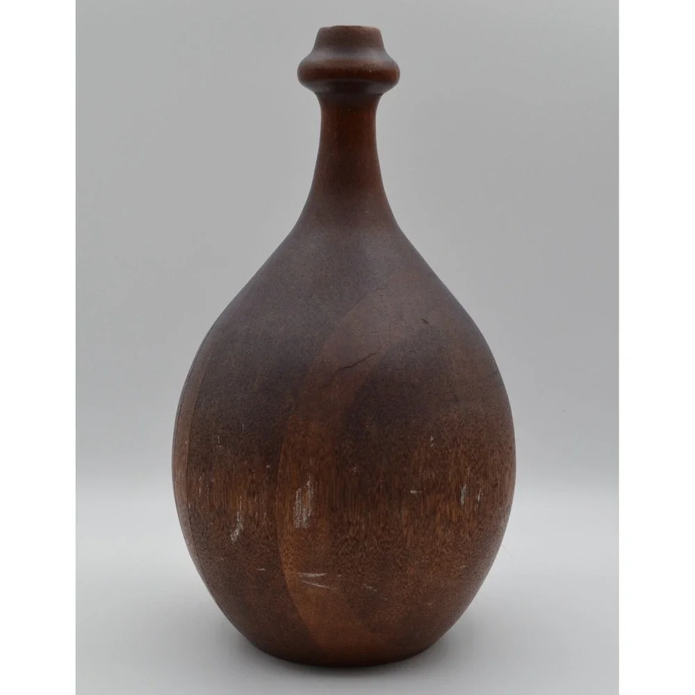 Antique Rare Hand Turned Solid Wood Vase Primitive Bulbous Bottle Decorative 12